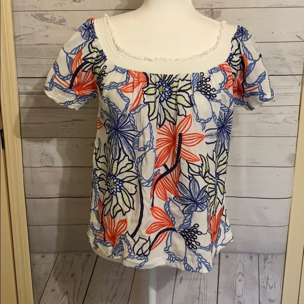 Skies Are Blue Floral Embroidered Bardot top M